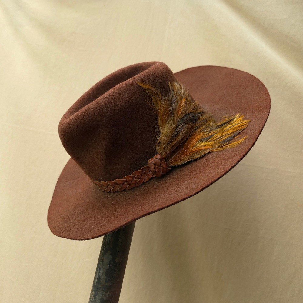 Vintage 60s Brown Fedora Hat Colt 45 Braided Leather Feather